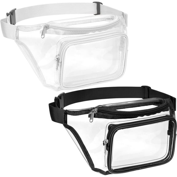 2 Pack Clear Fanny Pack Stadium Approved - Adjustable Belt Bag for Women Men Fits Sports Events, Travel, Beach, Concerts, Transparent Waist Bag, Black + White