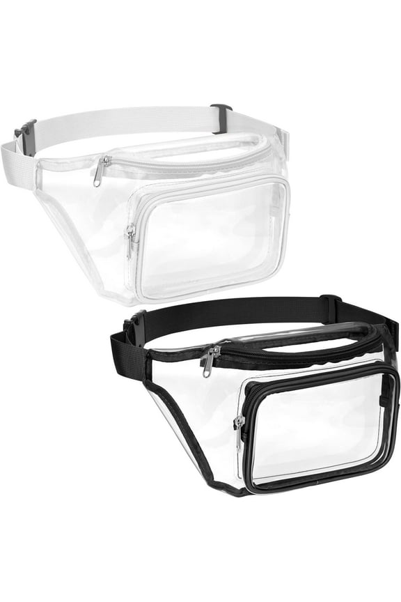 2 Pack Clear Fanny Pack Stadium Approved - Adjustable Belt Bag for Women Men Fits Sports Events, Travel, Beach, Concerts, Transparent Waist Bag, Black + White
