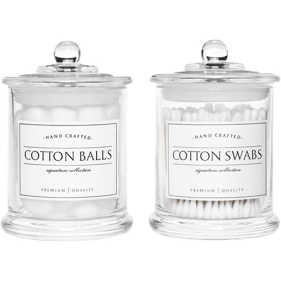 2 Pack Clear Glass Farmhouse Apothecary Jars with Lids 350ml Qtip and Cotton Ball Holders for Bathroom Vanity Storage