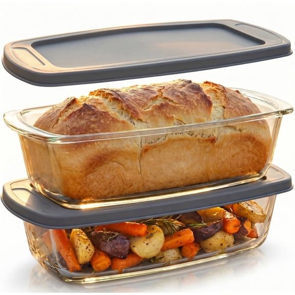 2-Pack Glass Loaf Pans with Lids 1.9QT Deep, Wide Handles, Oven-to-Fridge, Clear