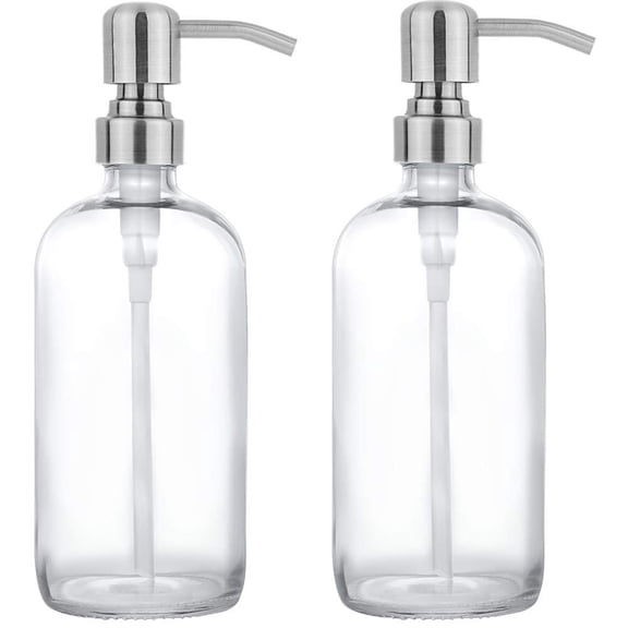 2 Pack Clear Glass Soap Dispenser Bottles with Silver Rustproof Stainless Steel Pump, 16oz Boston Round Jars for Essential Oils and Lotion
