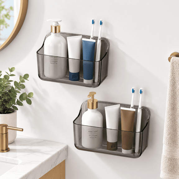 2-Pack Clear Grey Adhesive Wall Mount Storage Organizer Shelves