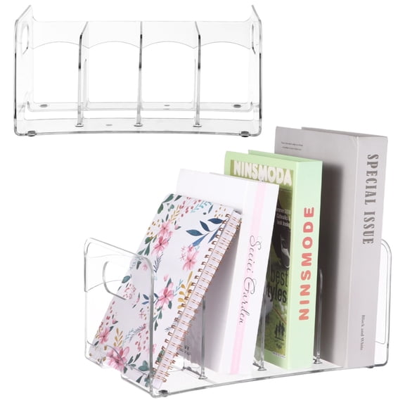 2 Pack Clear Magazine Holders, 4 Compartment Transparent Desk Book Rack, Plastic File Sorter Divider, Vinyl Record Holder, Office Desktop Organizer