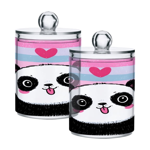2 Pack Clear Plastic Bathroom Canisters Adorable Panda Love Design Storage Jars for Cotton Swabs, Cotton Pads, Dental Floss, Vanity Countertop Organizer