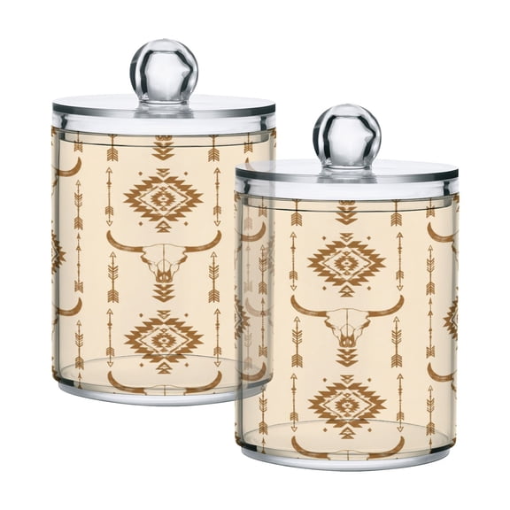 2 Pack Clear Plastic Bathroom Canisters Boho Aztec Cow Skull Design Storage Jars for Cotton Swabs, Cotton Pads, Dental Floss, Vanity Countertop Organizer
