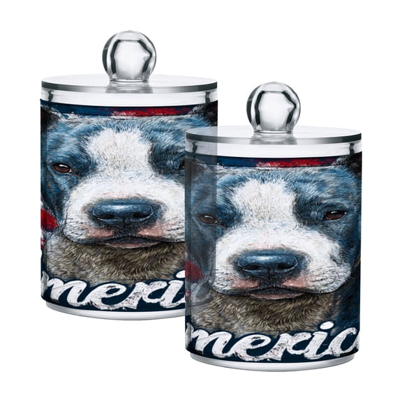 2 Pack Clear Plastic Bathroom Canisters Bold Patriotic Pit Bull Print Storage Jars for Cotton Swabs, Cotton Pads, Dental Floss, Vanity Countertop Organizer