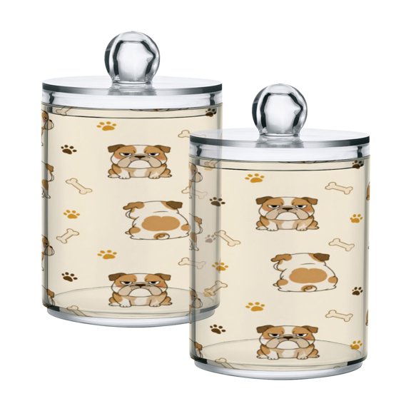 2 Pack Clear Plastic Bathroom Canisters Bulldog Bone Paw Print Pattern Storage Jars for Cotton Swabs, Cotton Pads, Dental Floss, Vanity Countertop Organizer