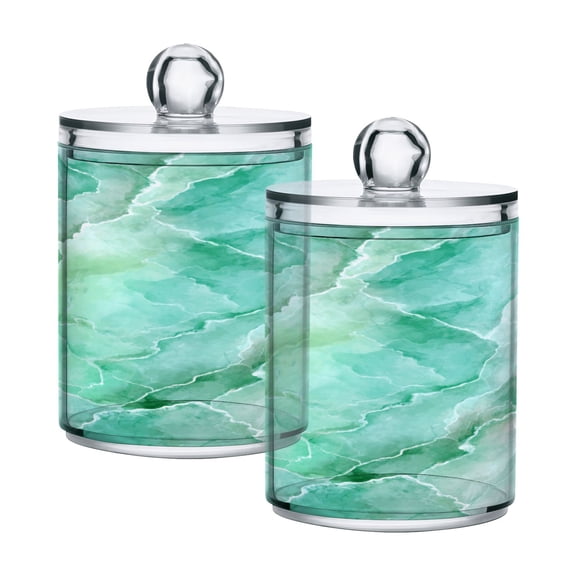 2 Pack Clear Plastic Bathroom Canisters Calm Mint Marble Pattern Storage Jars for Cotton Swabs, Cotton Pads, Dental Floss, Vanity Countertop Organizer