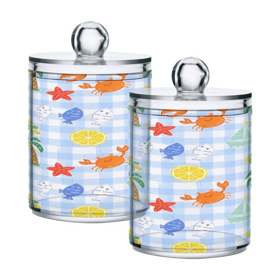 2 Pack Clear Plastic Bathroom Canisters Cartoon Beach Gingham Pattern Storage Jars for Cotton Swabs, Cotton Pads, Dental Floss, Vanity Countertop Organizer