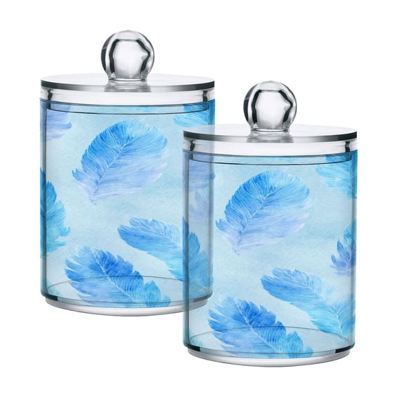 2 Pack Clear Plastic Bathroom Canisters Cerulean Feather Watercolor Art Storage Jars for Cotton Swabs, Cotton Pads, Dental Floss, Vanity Countertop Organizer