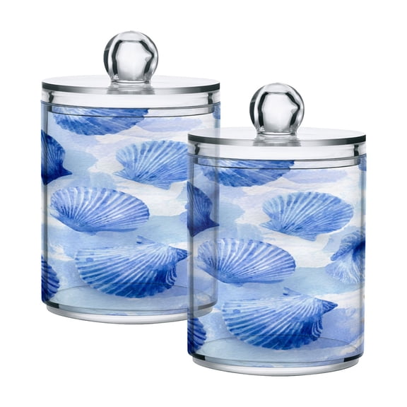 2 Pack Clear Plastic Bathroom Canisters Cerulean Seashells Pattern Storage Jars for Cotton Swabs, Cotton Pads, Dental Floss, Vanity Countertop Organizer