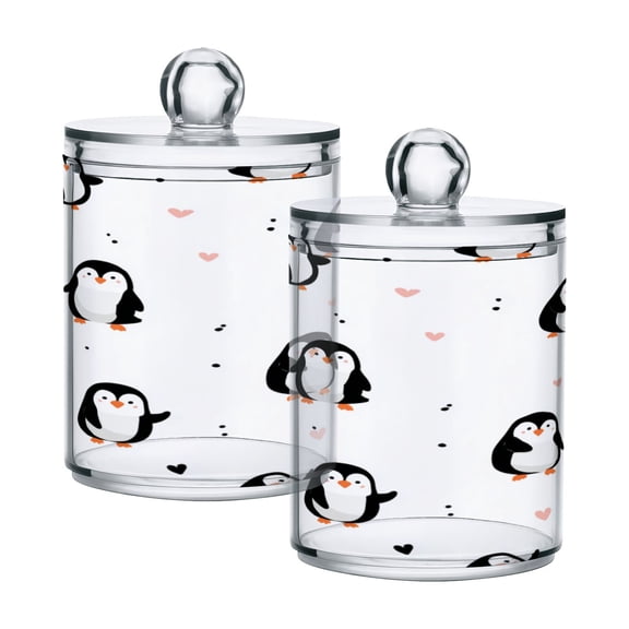 2 Pack Clear Plastic Bathroom Canisters Charming Penguin Doodle Pattern Storage Jars for Cotton Swabs, Cotton Pads, Dental Floss, Vanity Countertop Organizer