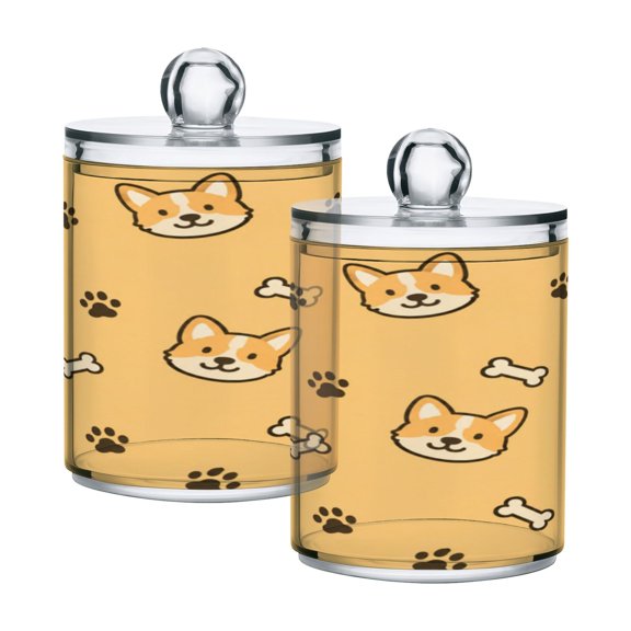 2 Pack Clear Plastic Bathroom Canisters Cute Bone Paw Print Pattern Storage Jars for Cotton Swabs, Cotton Pads, Dental Floss, Vanity Countertop Organizer