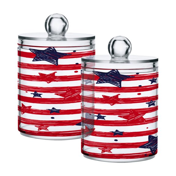 2 Pack Clear Plastic Bathroom Canisters Doodle Star Stripe Seamless Storage Jars for Cotton Swabs, Cotton Pads, Dental Floss, Vanity Countertop Organizer