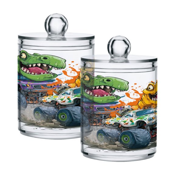 2 Pack Clear Plastic Bathroom Canisters Graffiti Dino Truck Showdown Storage Jars for Cotton Swabs, Cotton Pads, Dental Floss, Vanity Countertop Organizer