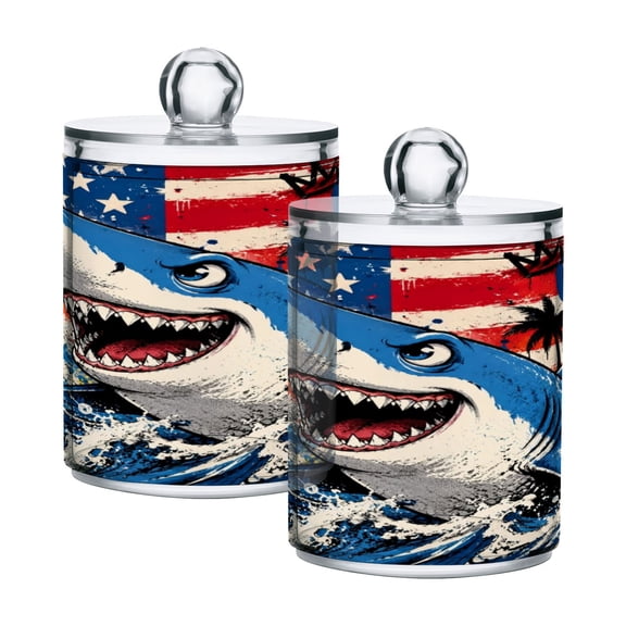 2 Pack Clear Plastic Bathroom Canisters Graffiti Shark American Flag Art Storage Jars for Cotton Swabs, Cotton Pads, Dental Floss, Vanity Countertop Organizer