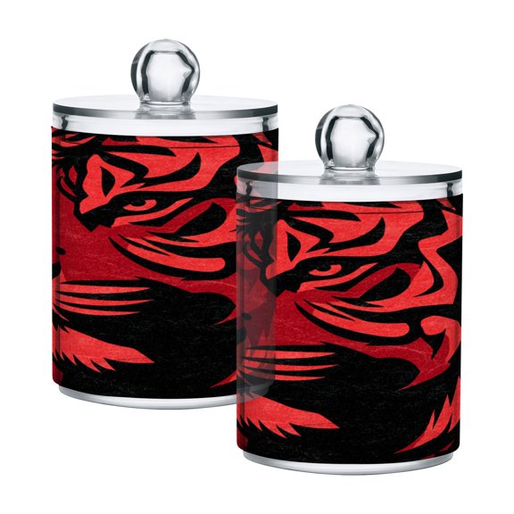 2 Pack Clear Plastic Bathroom Canisters Graphic Tiger Head Pattern Storage Jars for Cotton Swabs, Cotton Pads, Dental Floss, Vanity Countertop Organizer