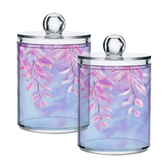 2 Pack Clear Plastic Bathroom Canisters Lavender Cascade Leaves Storage Jars for Cotton Swabs, Cotton Pads, Dental Floss, Vanity Countertop Organizer