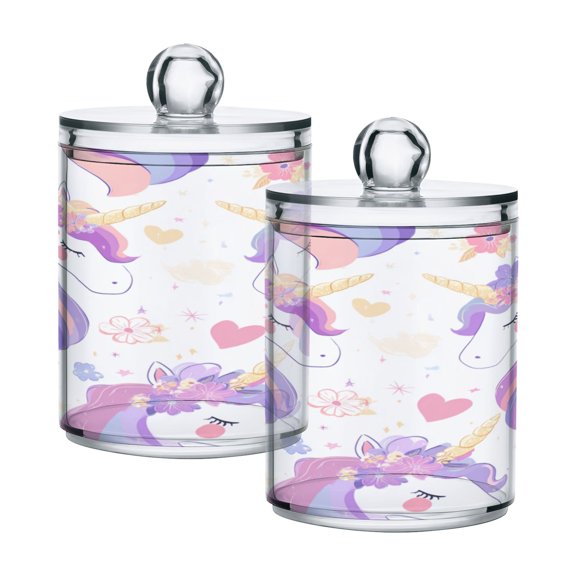 2 Pack Clear Plastic Bathroom Canisters Magical Unicorn Garden Pattern Storage Jars for Cotton Swabs, Cotton Pads, Dental Floss, Vanity Countertop Organizer