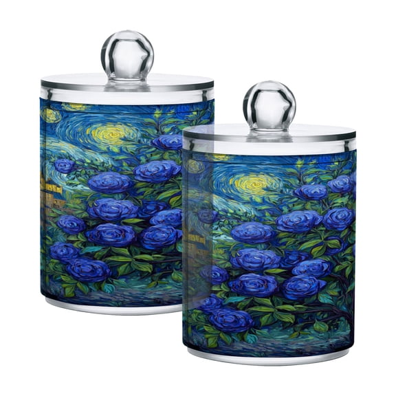 2 Pack Clear Plastic Bathroom Canisters Midnight Rose Citadel Storage Jars for Cotton Swabs, Cotton Pads, Dental Floss, Vanity Countertop Organizer
