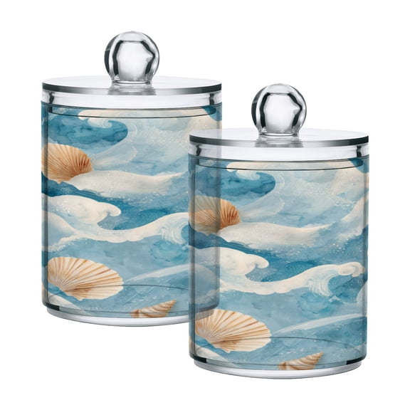 2 Pack Clear Plastic Bathroom Canisters Moody Coastal Beach Wave Design Storage Jars for Cotton Swabs, Cotton Pads, Dental Floss, Vanity Countertop Organizer