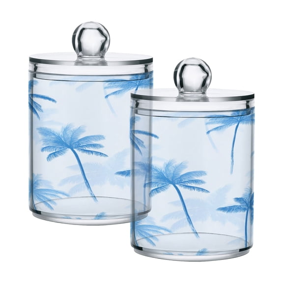 2 Pack Clear Plastic Bathroom Canisters Pale Blue Oasis Storage Jars for Cotton Swabs, Cotton Pads, Dental Floss, Vanity Countertop Organizer