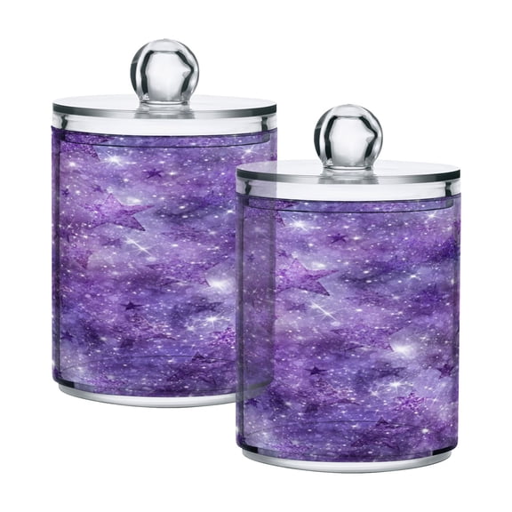 2 Pack Clear Plastic Bathroom Canisters Purple Cosmic Galaxy Pattern Storage Jars for Cotton Swabs, Cotton Pads, Dental Floss, Vanity Countertop Organizer