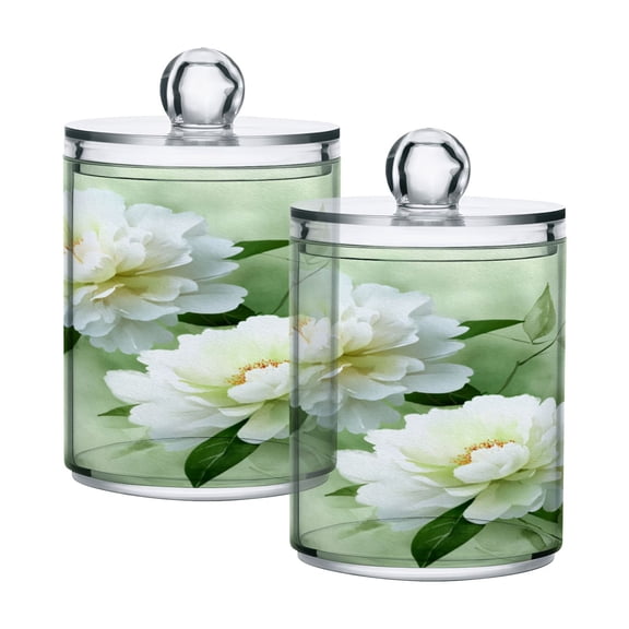 2 Pack Clear Plastic Bathroom Canisters Serene Mint Peony Blooms Storage Jars for Cotton Swabs, Cotton Pads, Dental Floss, Vanity Countertop Organizer