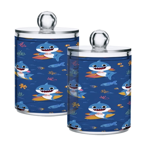 2 Pack Clear Plastic Bathroom Canisters Shark Ocean Adventure Storage Jars for Cotton Swabs, Cotton Pads, Dental Floss, Vanity Countertop Organizer