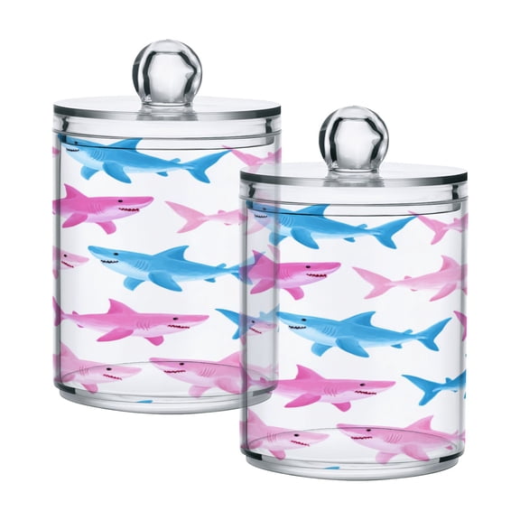 2 Pack Clear Plastic Bathroom Canisters Shark Ocean Wall Art Storage Jars for Cotton Swabs, Cotton Pads, Dental Floss, Vanity Countertop Organizer
