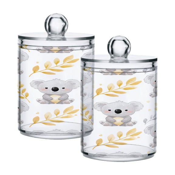 2 Pack Clear Plastic Bathroom Canisters Soft Koala Doodles Storage Jars for Cotton Swabs, Cotton Pads, Dental Floss, Vanity Countertop Organizer