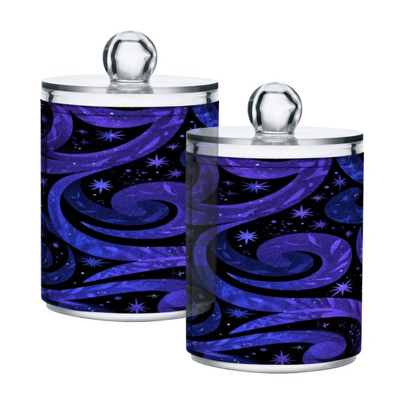 2 Pack Clear Plastic Bathroom Canisters Starry Night Cosmic Swirl Design Storage Jars for Cotton Swabs, Cotton Pads, Dental Floss, Vanity Countertop Organizer
