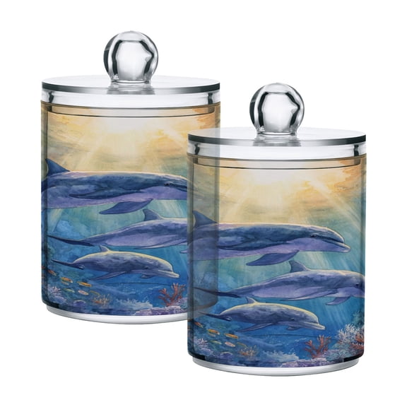 2 Pack Clear Plastic Bathroom Canisters Sunlit Dolphin Pod Print Storage Jars for Cotton Swabs, Cotton Pads, Dental Floss, Vanity Countertop Organizer