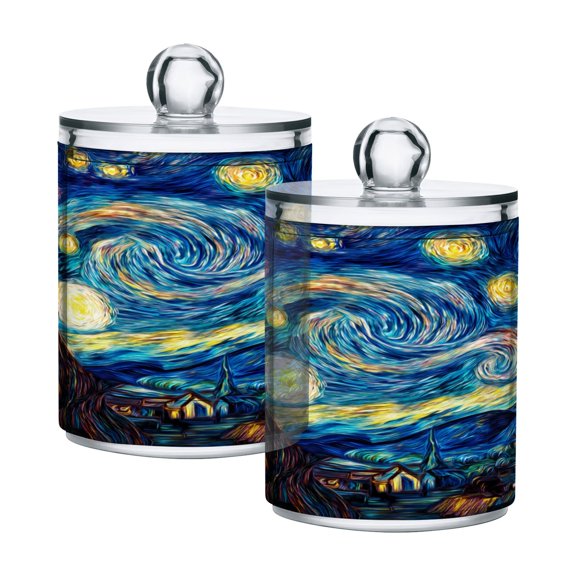 2 Pack Clear Plastic Bathroom Canisters Swirling Sky over The Village Storage Jars for Cotton Swabs, Cotton Pads, Dental Floss, Vanity Countertop Organizer