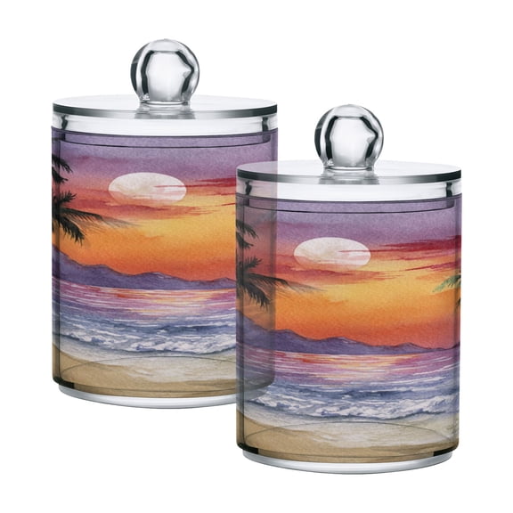 2 Pack Clear Plastic Bathroom Canisters Tropical Sunset Beach Print Storage Jars for Cotton Swabs, Cotton Pads, Dental Floss, Vanity Countertop Organizer