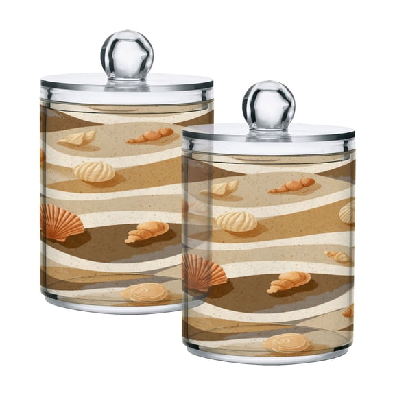 2 Pack Clear Plastic Bathroom Canisters Warm Vintage Beach Shell Art Storage Jars for Cotton Swabs, Cotton Pads, Dental Floss, Vanity Countertop Organizer