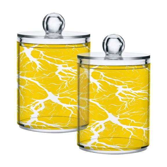 2 Pack Clear Plastic Bathroom Canisters Yellow Lightning Pattern Art Storage Jars for Cotton Swabs, Cotton Pads, Dental Floss, Vanity Countertop Organizer