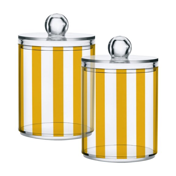 2 Pack Clear Plastic Bathroom Canisters Yellow Sunny Stripe Pattern Storage Jars for Cotton Swabs, Cotton Pads, Dental Floss, Vanity Countertop Organizer