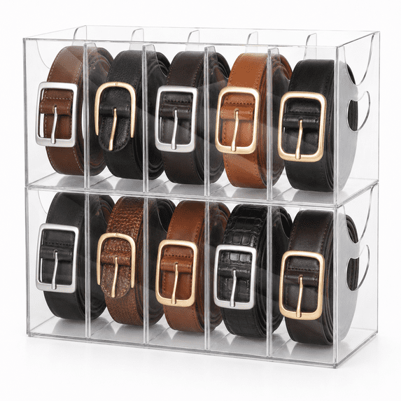2 Pack Clear Stackable Belt Organizer – 5 Compartments with Removable Dividers – Multi-Purpose Display Bins with Inserts for Closet Drawer