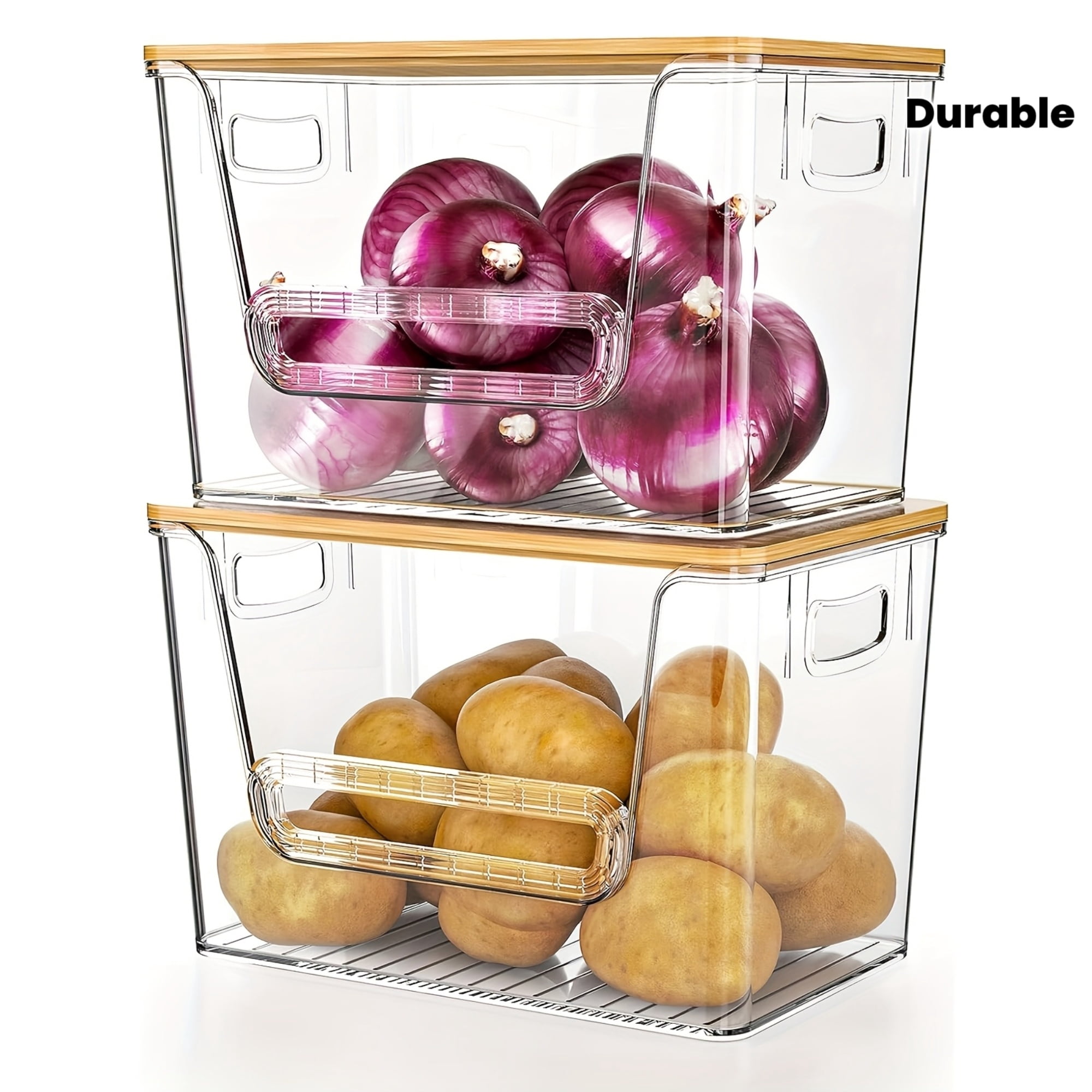 2-Pack Clear Stackable Pantry Organizers with Bamboo Top - Kitchen Produce Storage Bins