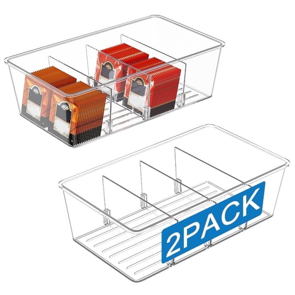 Clear Plastic 4-Compartment Food Storage Bins, 2 Pack Pantry Organizer for Snacks, Fruits, Vegetables, Tea Bags and Spice Packets