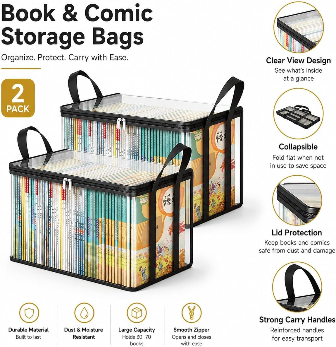 2 Pack Clear Storage Boxes with Lids, Stackable Foldable Organizer Bins for Clothes, Books & Home Storage