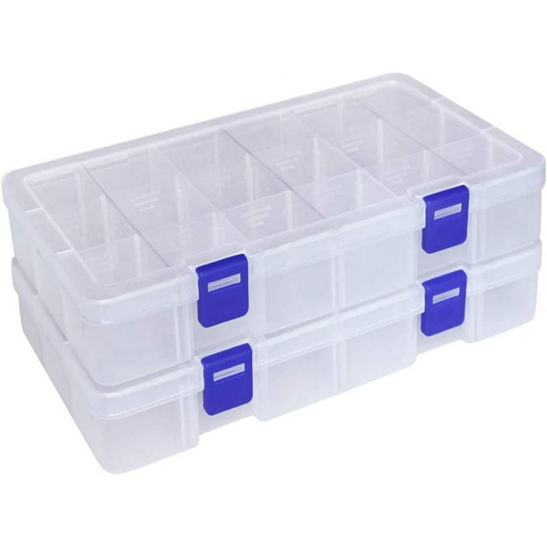2 Pack Clear Storage Containers with 15 Grid Dividers, Double buckle fixed  Plastic Tackle Boxes for Beads, Buttons, DIY Jewelry 