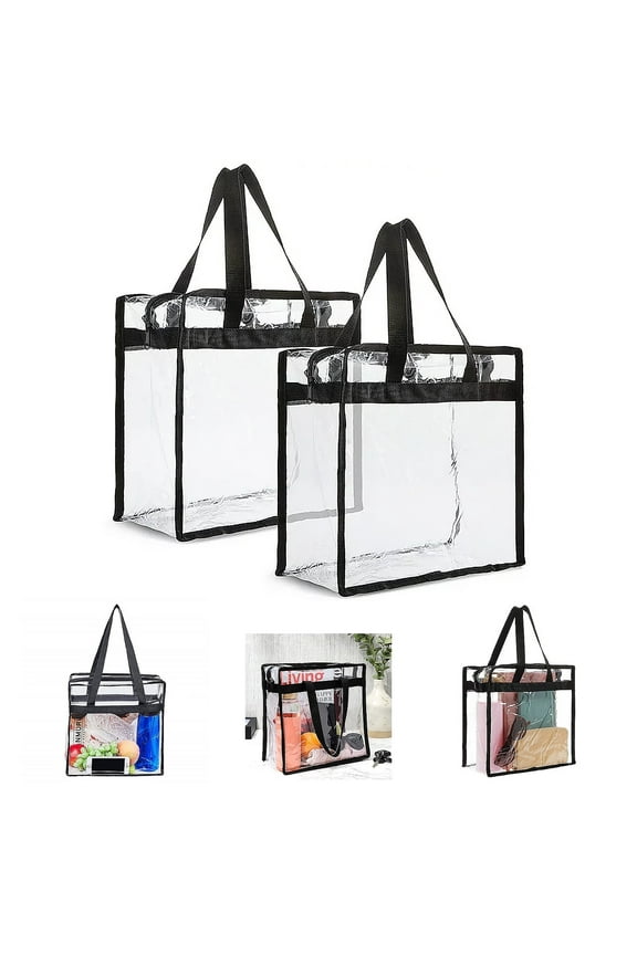 2 Pack Clear TIFOR Approved Tote Bags, 12x6x12 Large Transparent Totes with Zippers, Handles for Concerts, Sporting Events, Music Festivals, Work, School, Gym