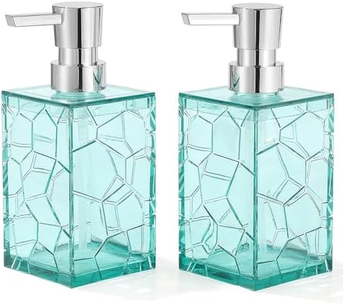 2 Pack Clear Teal Blue Rust Proof Soap Dispenser, Acrylic Plastic Hand Soap Lotion Dispenser Set for Bathroom&Kitchen