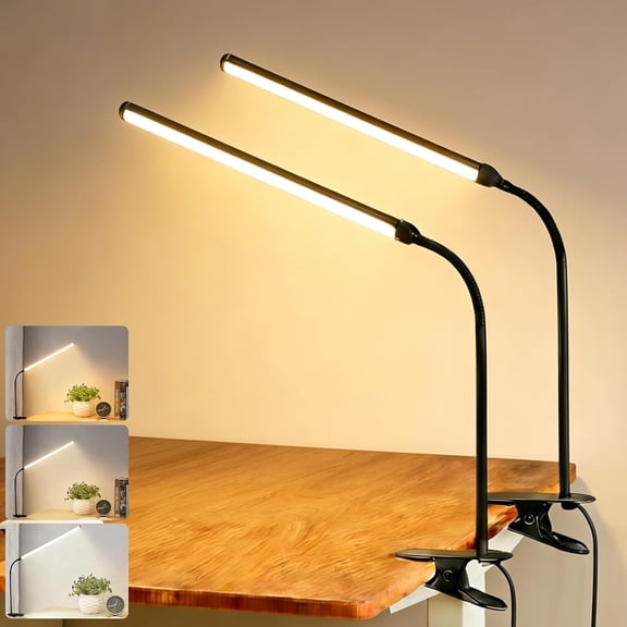 2 Pack Clip On LED Desk Lamp, 3 Lighting Modes 10 Brightness Levels, Flexible Goose Neck Swing Arm Task Lamp, Eye Caring USB Powered Clamp Light for Home Office Study Reading Bedside