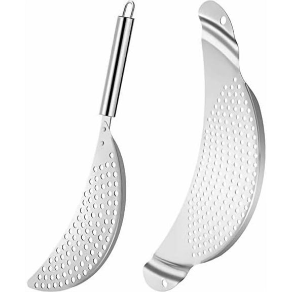 2 Pack Clip-On Stainless Steel Pot Side Strainer with Recessed Grips, Snap-On Pasta & Vegetable Drainer, Universal Pan Strainer Fits Cookware Up to 10 Inch, Kitchen Essential Draining Gadget