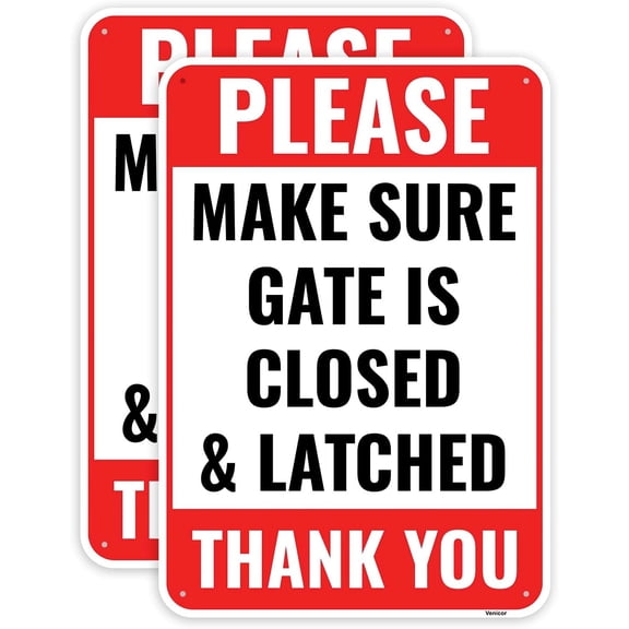 2-Pack Close And Latch Gate Signs, 12 x 8 Inches - Aluminum - Keep Gate Closed And Locked Sign