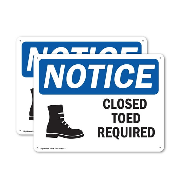 (2 Pack) Closed Toed Shoes Required OSHA Notice Sign 10 Inch X 7 Inch Plastic Sign, Weather Resistant, UV Protected for Workplace, Business, and Construction Site, Made in the USA