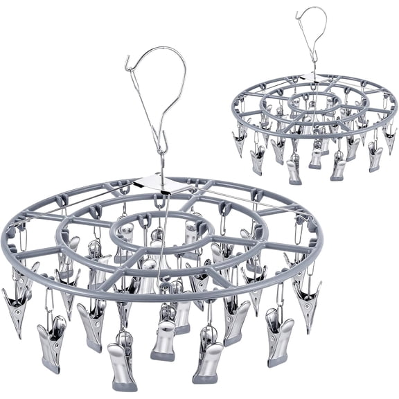 2 Pack Clothes Drying Rack with 24 Clips, Stainless Steel Hanger, Swivel Windproof Round Dry Rack, Heavy Duty Underwear Hanger for Indoor Outdoor Wet and (Grey)